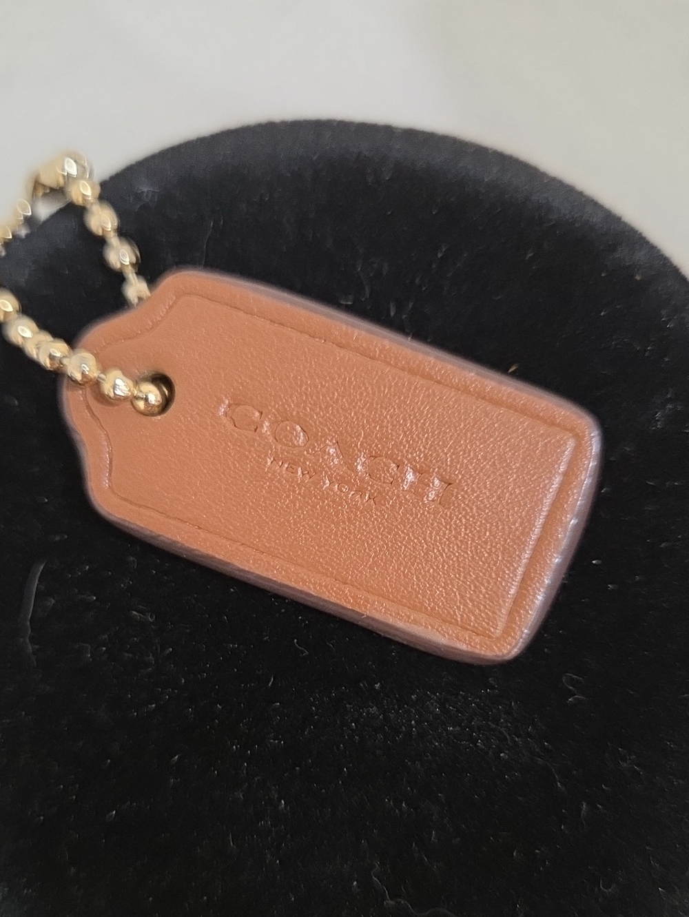 Coach Small Tan Leather Hanh Tag with Gold Ball Chain